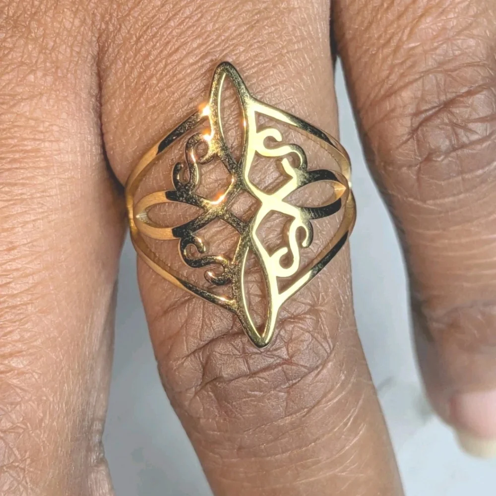 Witch Knot Golden Stainless Steel Ring for Women Wiccan Cross Celtics Knot Sz 7